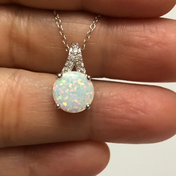 Fire Opal Necklace Round White Opal Pendant, Minim - Picture 2 of 8